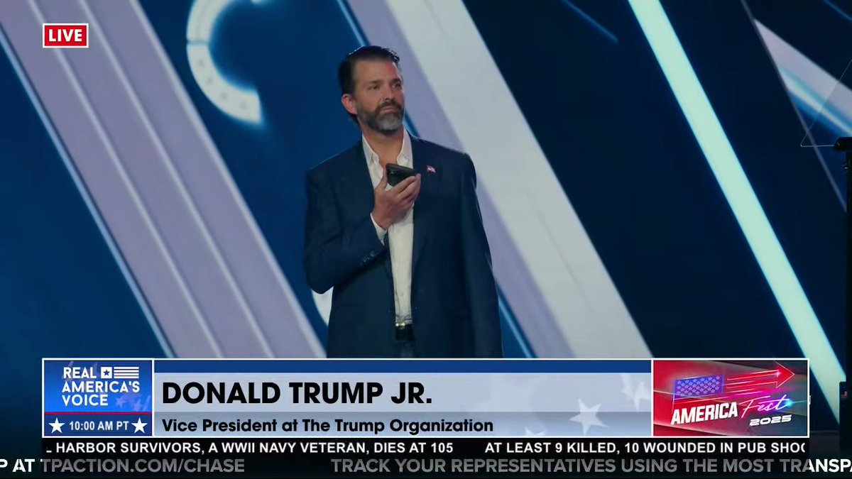 President Trump just called in to AmFest via Donald Trump Jr.'s phone: "If he [Don Jr.] doesn't make a great speech, let me know about it, and I'll give him hell" 😂