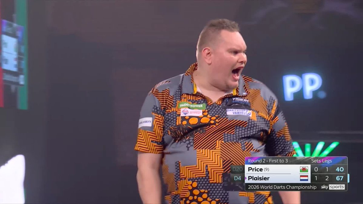 PLAISIER TWO UP ON PRICE! WOW! Gerywn Price is staring down the barrel here as Wesley Plaisier leads the Welshman 2-0 😳 📺 #WCDarts | R2