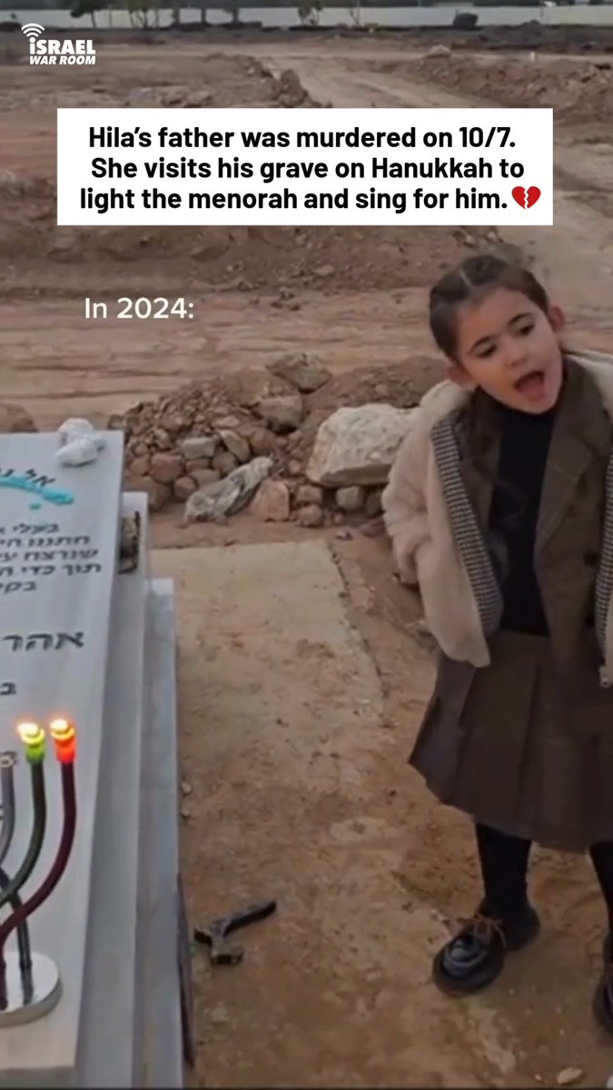 On Hanukkah, Hila returned to her father’s grave to light the menorah and sing for him—for the second time since he was murdered on 10/7. 💔 Her father, Aharon Haimov, was just 25 — a husband, a father of two, and an ambulance driver murdered while trying to save others during the October 7 massacre. In 2024, Hila lit the menorah for the first time without him. This year, in 2025, she returned to light it again. No child should have to carry this kind of grief. May her light continue to grow. May Aharon’s memory be a blessing. 🕯️