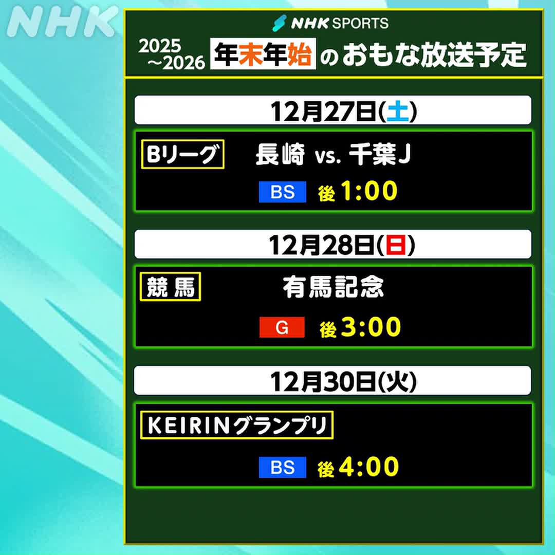 ◤年末年始のおもな放送予定◢ #Bリーグ #競馬 #有馬記念 #KEIRINグランプリ #スキージャンプ #サッカー皇后杯 #大学ラグビー #ライスボウル 放送予定は👇 地上波放送の番組は #NHKONE 配信でもお楽しみください 2026年も #NHKスポーツ をよろしくお願いいたします!