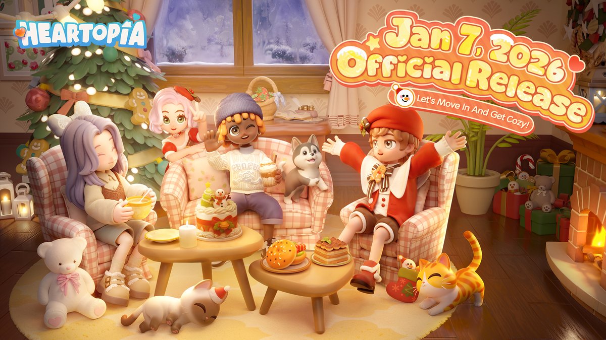 Baboo, D.G. Members! Meow Meow's got something super important to announce today——the slow-paced life simulation game Heartopia will officially launch on Jan 7 at 10 p.m. (UTC-5)! 🐾✨ D.G. Members will be able to move into the town across iOS, Android and PC. #heartopia