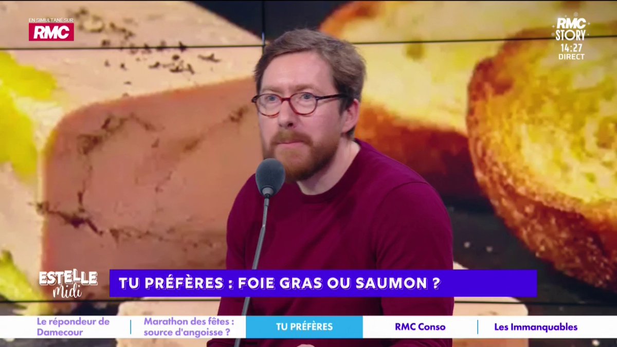 🪿 Tu préfères : foie gras ou saumon ? 🎙️ Pierre Rondeau : "Le foie gras, c'est une maladie, rappelons-le ! Il y a le concept du gavage où l'on va pourrir le foie du canard... En termes de protection animale... Le foie gras est interdit dans beaucoup de pays !" #EstelleMidi