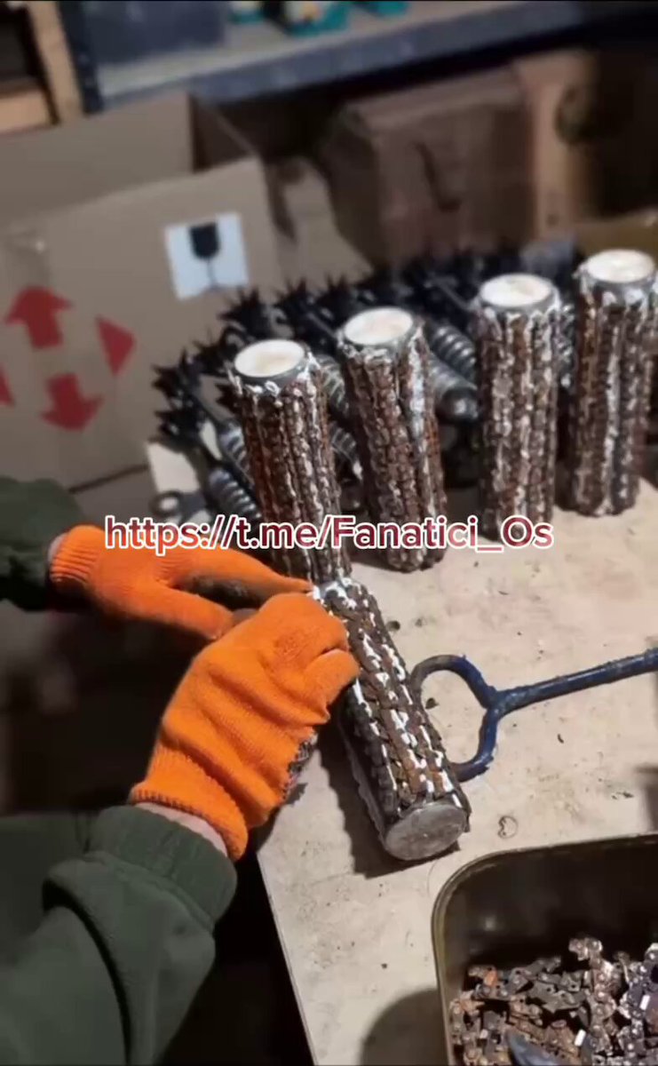 An old school Ukrainian drone bomb kitchen features precisely cut lengths of chainsaw chain used as fragmentation elements. As well, a box of TNT retrieved from TM-62 landmines is used to fill big blast bombs for heavy bomber drones.
