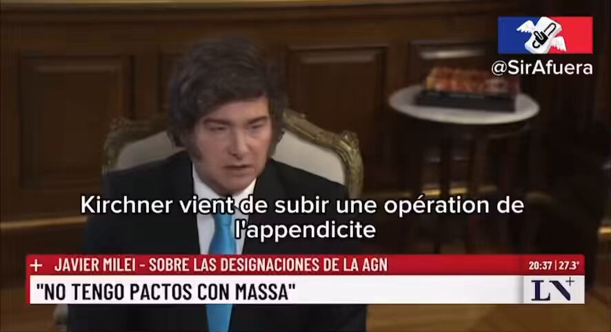 🔴💸 ALERTE : Javier Milei souhaite un bon rétablissement à son adversaire Kirchner. "On peut avoir les opinions politiques les plus aberrantes. Mais je ne plaisante pas avec l’être humain. Je lui souhaite un prompt rétablissement." (LN)