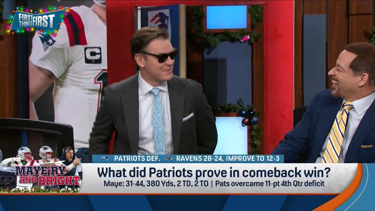 .Chris Broussard: “I hate to break it to you that they can accept a gift. CAUSE THAT WAS A GIFT. The Ravens had it in the bag and they crumbled as they have so many times before. That said, Drake Maye—“ Wildes and his trumpeters are back 🎺😅