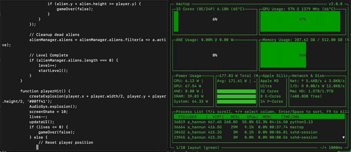 GLM-4.7 runs quite well on an M3 Ultra with mlx-lm, even at a near lossless precision (6-bit here). It generated the best space invaders game I've seen yet for a local model (even included sound effects!). Generated 6600 tokens and ran at 16 tok/s.