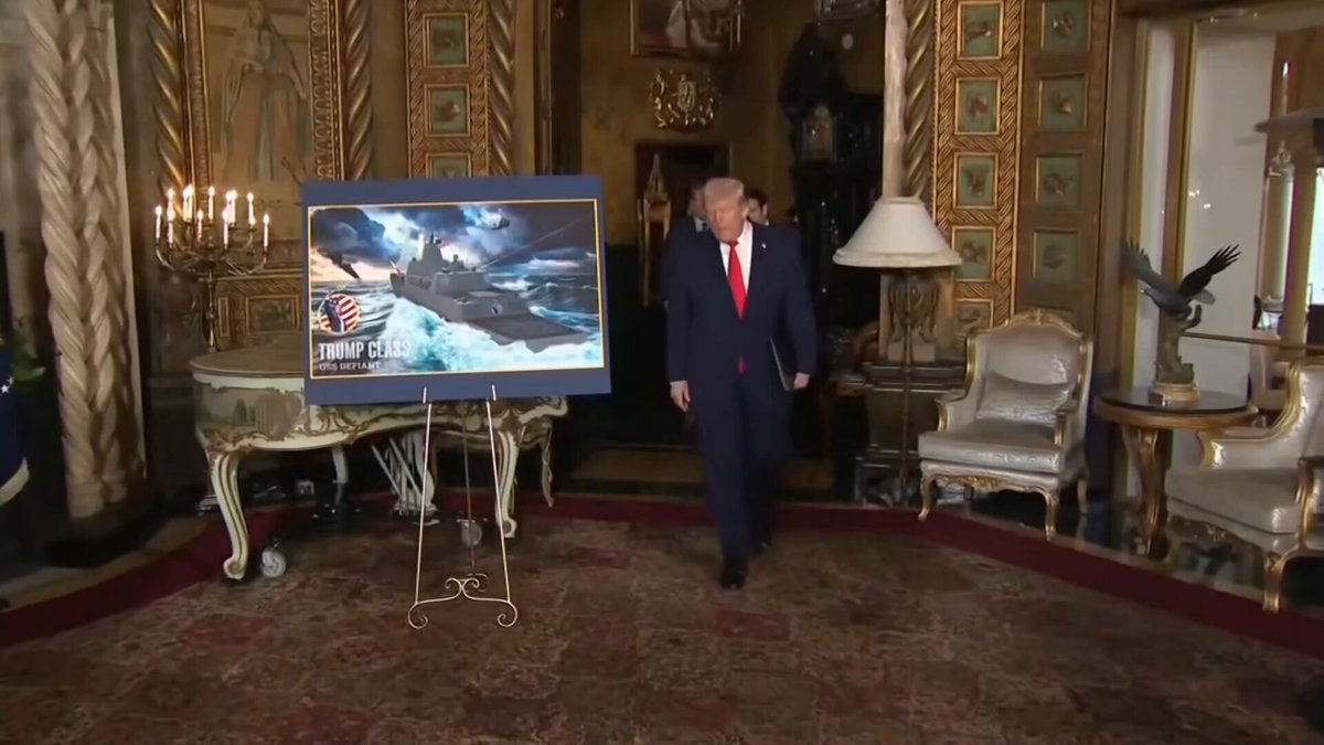 🚨 NOW: President Trump just walked into the room at Mar-a-Lago with Marco Rubio, Pete Hegseth and Navy Sec. John Phelan to announce the TRUMP CLASS ships as part of the Golden Fleet "Beautiful! Wow, it's beautiful! The first renderings of what we're doing!" 🇺🇸