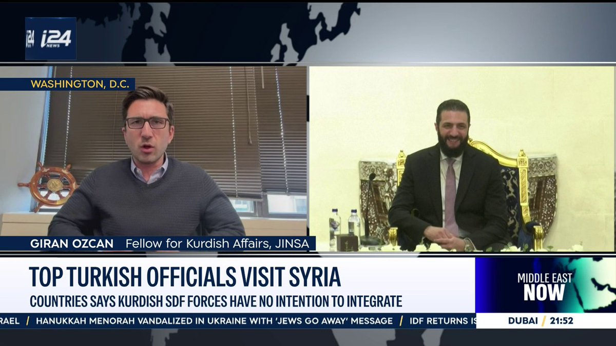 “Turkey is heavily interfering in Syria, particularly between the SDF and Damascus,” says Giran Ozcan on #MiddleEastNow with Laura Cellier as top Turkish officials visit Syria