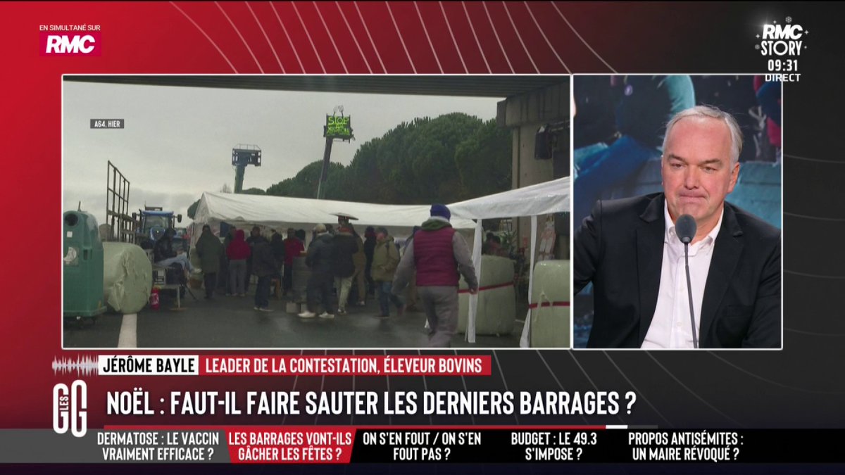 🚜 Faire sauter les barrages pour Noël ? 📞 Jérôme Bayle, éleveur : "On ne veut pas respecter la trêve, on a un gouvernement qui ne nous respecte pas ! Les mecs n'en peuvent plus... Dans mon département, on a 90 céréaliers en 2024 qui sont en redressement judiciaire !" #GGRMC
