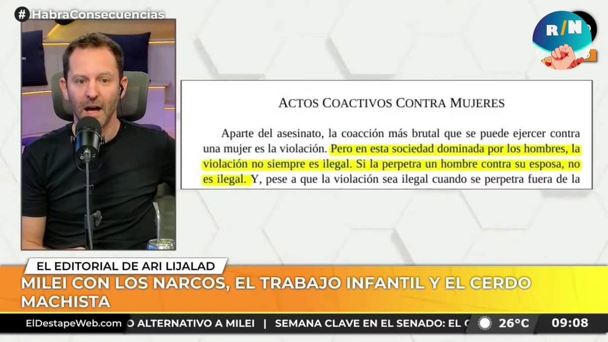El libro que Milei le regaló a todo su gabinete dice que las V10L4CI0NES NO SON ILEGALES Ari Lijalad leyó fragmentos del libro "Defendiendo lo indefendible": "La vi0l4c1ón no siempre es ilegal. Si lo hace un hombre con su esposa no es ilegal" Este PEDAZO DE ENFERMO nos gobierna