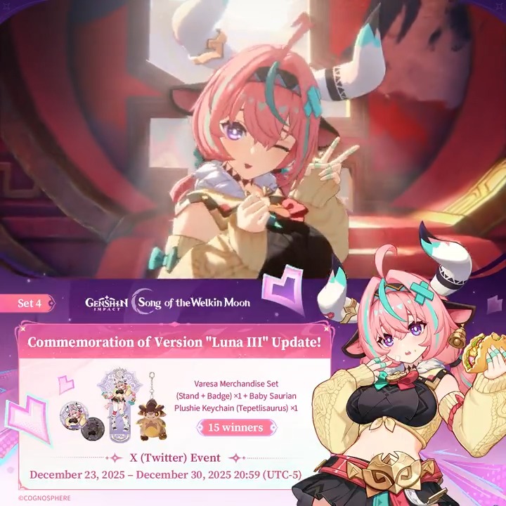 ✨Set 4✨ Commemoration of Version "Luna III" Update 🎁Participate in the event for a chance to win official merchandise. How to Participate: ① Follow Genshin Impact ② Repost this post You can instantly check the event results: #GenshinImpact