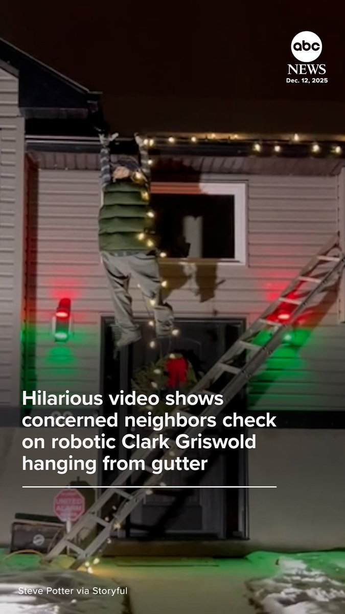 A silly display depicting Clark Griswold from "National Lampoon’s Christmas Vacation" hanging from a gutter got the attention of concerned community members passing by a home in Alberta, Canada.