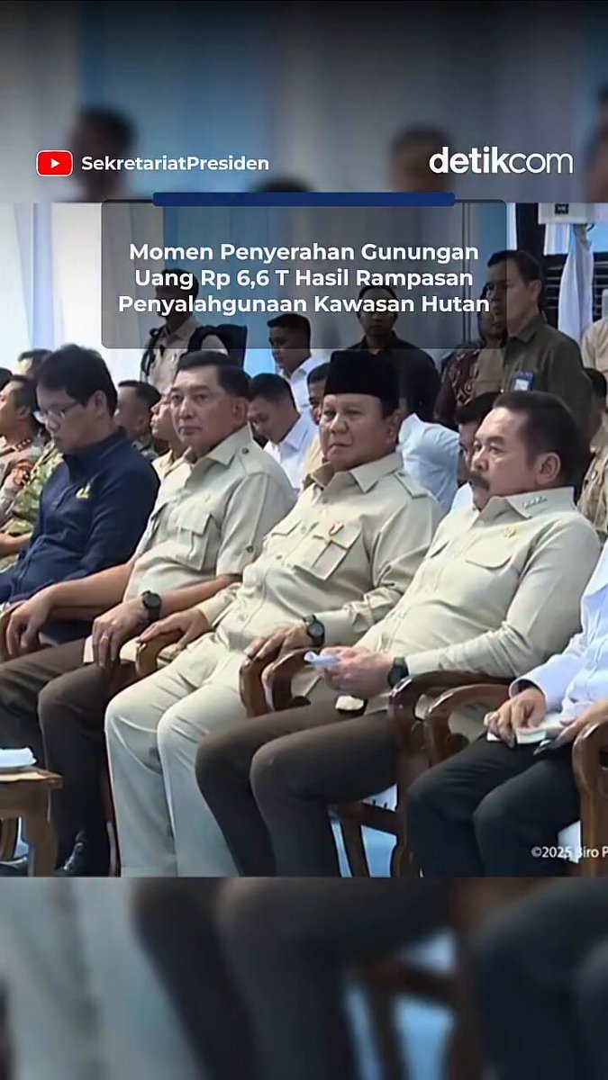 Kejagung menyerahkan uang rampasan dan denda administratif penyalahgunaan kawasan hutan senilai Rp 6,6 triliun kepada negara. Uang itu diserahkan secara simbolik oleh Jaksa Agung ST Burhanuddin kepada Menkeu Purbaya Yudhi Sadewa yang disaksikan langsung oleh Presiden Prabowo.