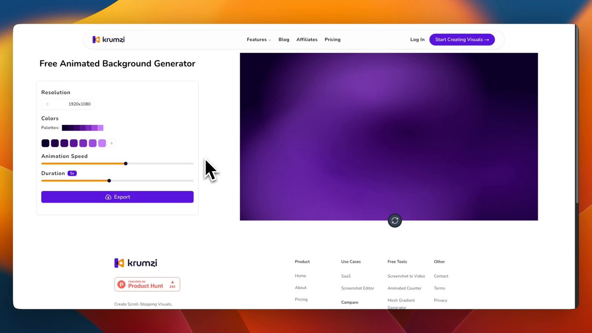 UI/UX Designers, you can now create unlimited animated gradient videos without paying a single cent. I just found this website called Krumzi, a simple but powerful animated background generator that lets you create smooth, eye-catching gradient videos for free. Perfect for landing pages and hero sections. Can’t believe it’s free; bookmark it for later. 💜