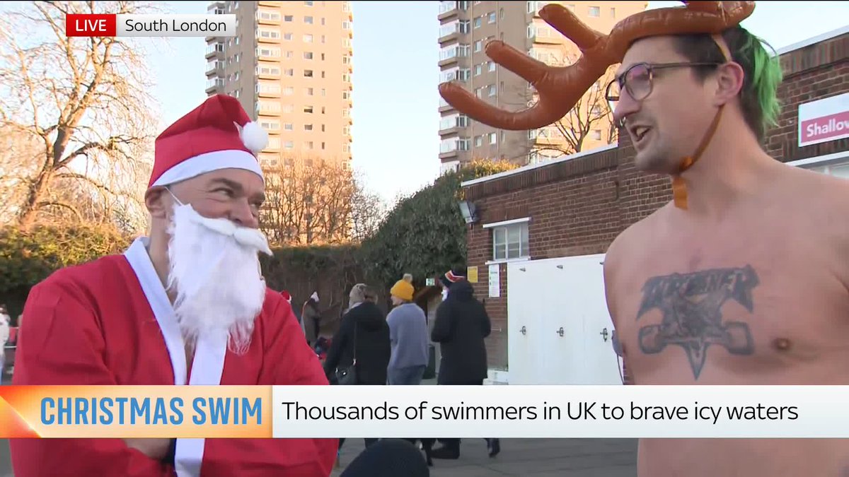"It's just tradition, innit" 🎅 Sky's Amelia Harper speaks to Santa and Rudolph, who braved the icy waters in South London ⬇️ 📺 Sky 501, Virgin 602, Freeview 233 and YouTube