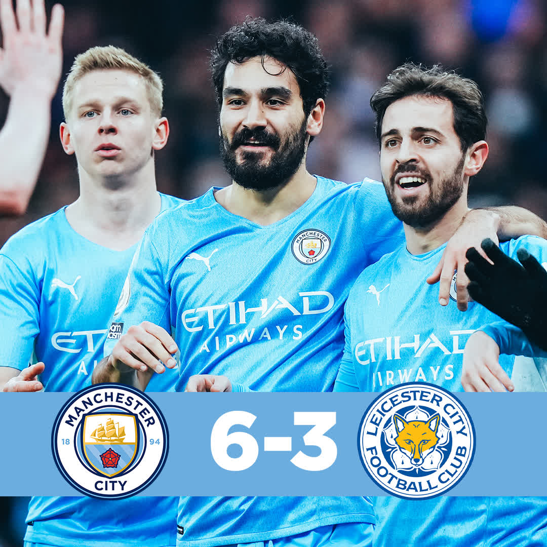 #OnThisDay: #ManCity 6-3 Leicester [2021] ⚽️ [5'] Kevin De Bruyne ⚽️ [14' P] Riyad Riyad Mahrez ⚽️ [21'] Ilkay Gündogan ⚽️ [25' P, 87'] Raheem Raheem Sterling ⚽️ [69'] Aymeric Aymeric Laporte - ⚽️ [55'] J. Maddison ⚽️ [59'] A. Lookman ⚽️ [65'] K. Iheanacho