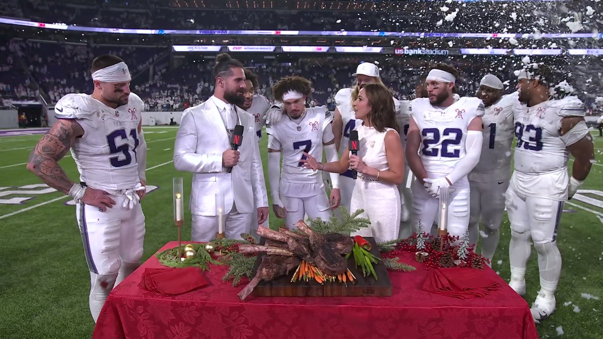 .Dianna Russini and WWE Superstar WWERollins surprising the Vikings with their special repurposed classic Santa suits on NFL Christmas Gameday 🎅