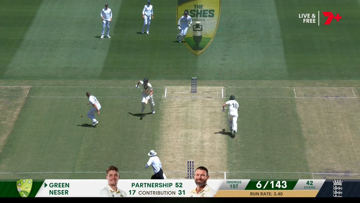 RUN OUT. Green sets off on a single but Carse gets him well short with a direct hit! #Ashes