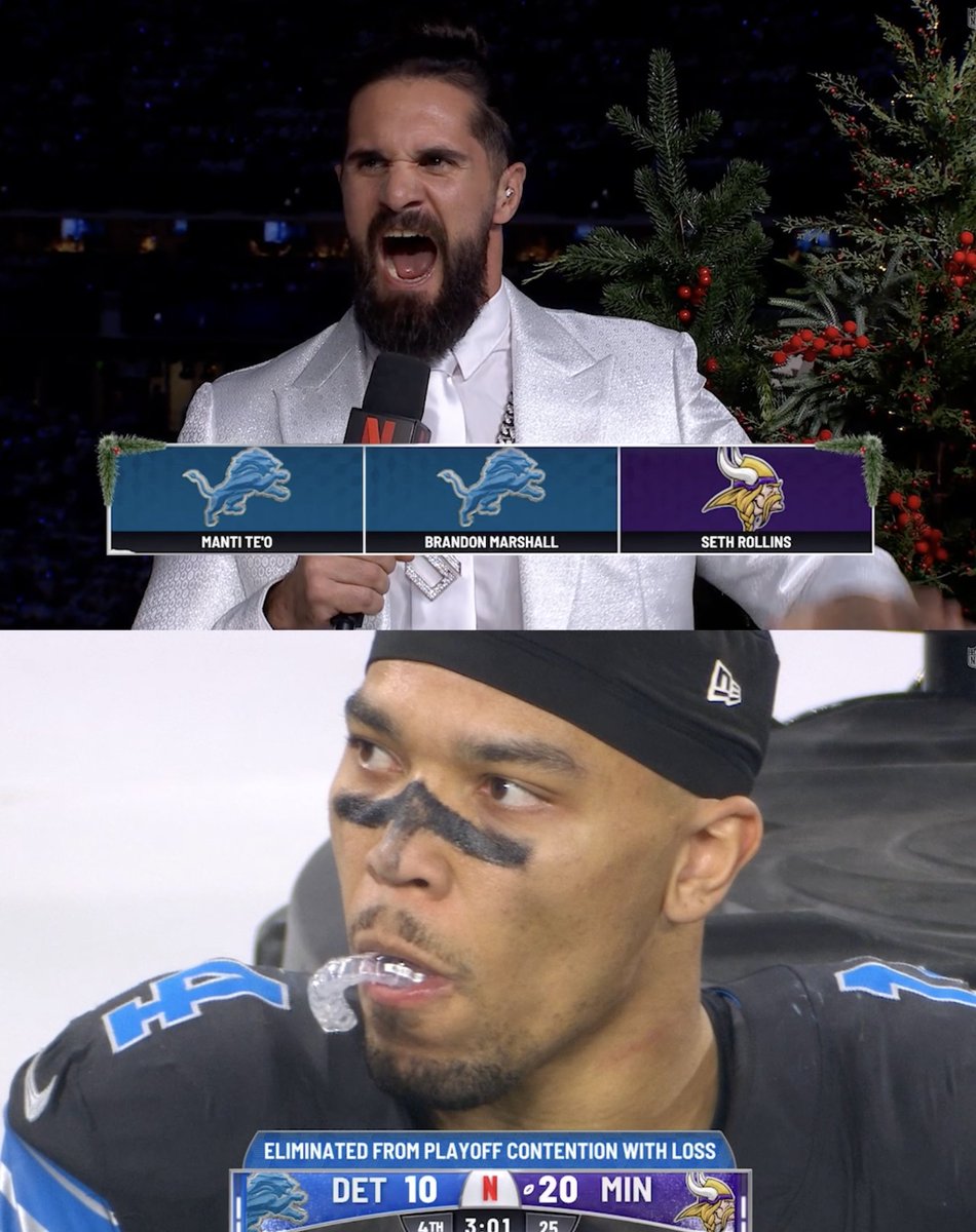 SETH ROLLINS ELITE BALL KNOWLEDGE 🏈 The only one to predict that the Minnesota Vikings would shock the Detroit Lions and eliminate them from playoff contention on NFL Christmas Gameday. They call him The Visionary for a reason 😏 WWE