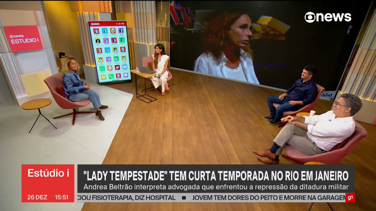 Andréa Beltrão interpreta Mércia Albuquerque, advogada que defendeu mais de 500 presos políticos na ditadura militar, no espetáculo ‘Lady Tempestade’, no Rio. “Ela está muito viva”, diz a atriz no #Estúdioi ➡️ Assista à #GloboNews: