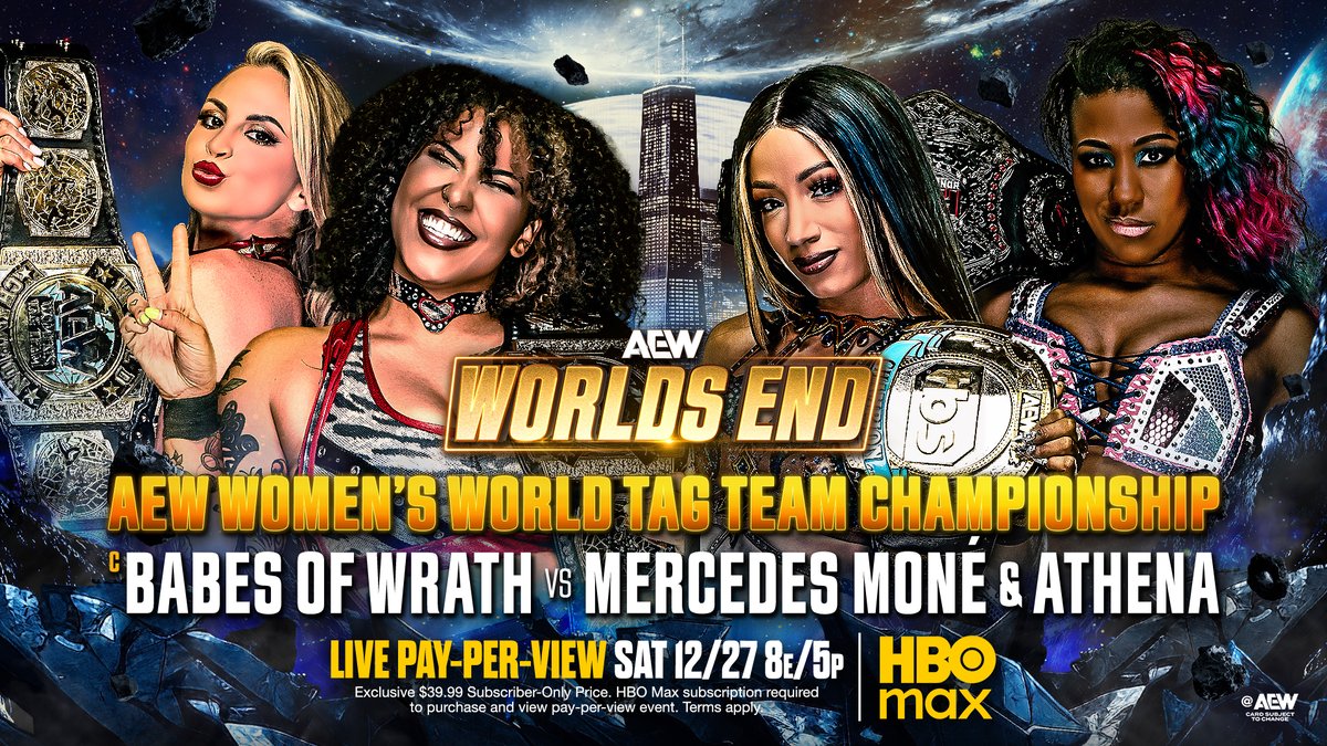 #AEWWorldsEnd HBO Max 8ET/5PT TOMORROW, 12/27 AEW Women's World Tag Titles Willow Nightingale/@HarleyCameron_ vs Último Moné/Athena is ROH & All Elite! Moné pinned Willow after Athena hit the O-Face. They team again vs The Babes of Wrath in their first defense, TOMORROW NIGHT!