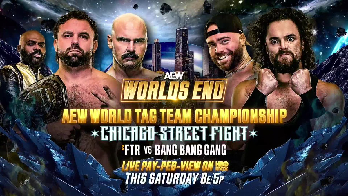 #AEWWorldsEnd HBO Max 8ET/5PT TOMORROW, 12/27 AEW World Tag Team Title Chicago Street Fight @DaxFTR/Daniel “Cash” Wheeler vs Juice Robinson/@TheAustinGunn Top Guys FTR will battle The Bang Bang Gang in a Chicago Street Fight for the AEW World Tag Team Championship, TOMORROW!