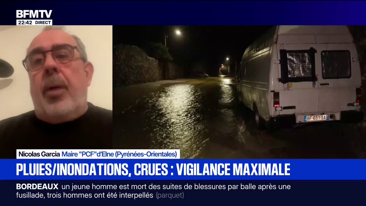 Pluies, inondations, crues: "Ceux qui ne croient pas au changement climatique, il faut qu'ils réfléchissent un peu", déclare Nicolas Garcia, maire (PCF) d'Elne dans les Pyrénées-Orientales