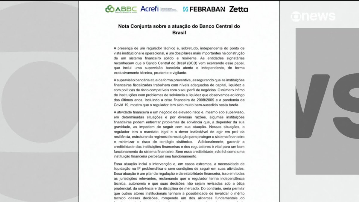 Ana Flor: Entidades financeiras apresentam nota de apoio ao Banco Central diante do caso do Banco Master. ➡ Assista à #GloboNews: #JornalGloboNews
