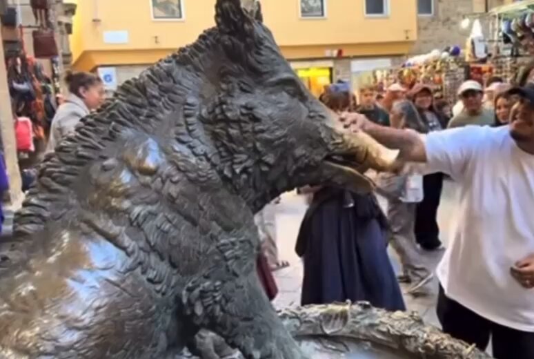 Firenze, Fontana del Porcellino: Turisti trattati a pesci in faccia dai soliti stranieri che si piazzano per rubare le monetine. Ma ogni tanto qualcuno reagisce. Comune non pervenuto.