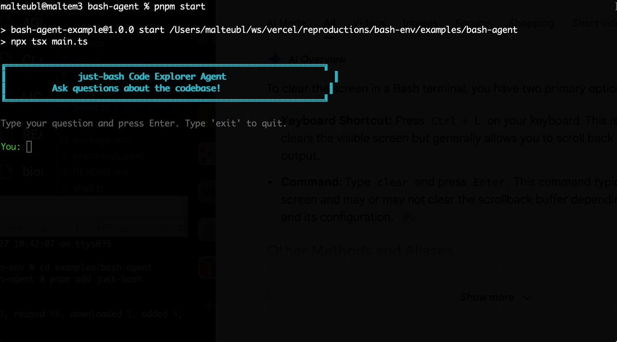 Bash is all you need! Which is why I'm introducing my holiday project: just-bash just-bash is a pretty complete implementation of bash in TypeScript designed to be used as a bash tool by AI agents. Because it turns out agents love exploring data via shell scripts, even beyond coding. It comes with grep, sed, awk and the 99th percentile features that an agent like Claude Code or Cursor would use. In fact, Claude Code can use it for secure bash execution. In the package - A bash-tool for AI SDK - A binary for use by yourself or your coding agents - An overlay filesystem to feed files to your agent securely - A Vercel Sandbox compatible API, so you can quickly upgrade to a real VM if you need to run binaries - An example AI agent that explores the just-bash code base using just-bash - I imported the Oils shell bash compatibility suite and just-bash passes a very good chunk What is interesting about this codebase: It was essentially entirely written by Opus 4.5. Coding agents love bash and they are good at reproducing it. They are also great at text-book recursive descent parsers and AST tweet-walk interpreters. That said, it is, like, a lot of code and I didn't read it all 😅. This is very much a hack, but it also seems to be _really_ useful. I haven't really found anything agents want to use that it doesn't support and it's fast and secure (caveats apply). It doesn't have write access to your computer and the filesystem is given a root that the agent cannot escape from. Find it at Related: Our recent blog post how we migrated our data analysis agent to bash tools and achieved incredible quality improvements The video shows the example agent investigating the just-bash code base