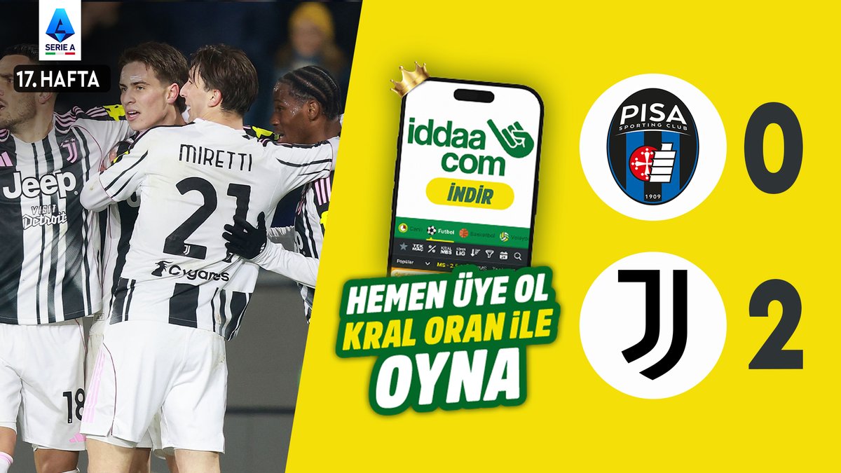 🇮🇹 #SerieA'nın 17. haftasında Juventus, Pisa'yı deplasmanda 2-0 mağlup etti. 🟡 iddaa &amp;