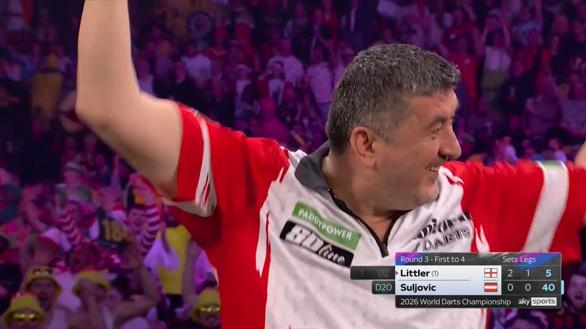 Mensur Suljovic celebrating getting his first darts at a double in the eighth leg against Luke Littler 😂😂😂 So glad he then hit it!