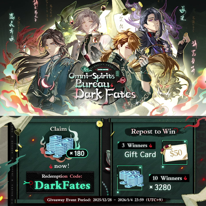 ✦ Omni-Spirits Bureau: Dark Fates ✦ Event Trailer ⚡🎁 Release Bonus Redeem the "DarkFates" code for 🔹S-Chip ×180🔹 >> ⚡🎁 Lucky Draw Repost to win a 50USD Gift Card and S-Chip ×3280! Event Coming on 2023/1/3! ↓More Details↓ #TearsOfThemis