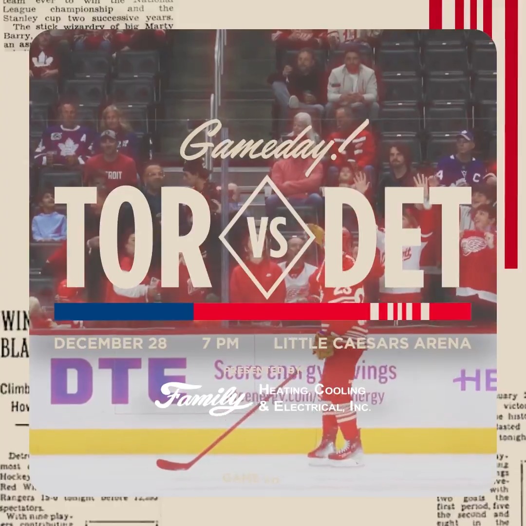 Sunday night vs. the Leafs. #LGRW 🏒 7:00 P.M. 📺 FanDuel Sports Network Detroit 📻 97.1 The Ticket: 🎟️ 🤝 Family Heating, Cooling & Electrical Inc.