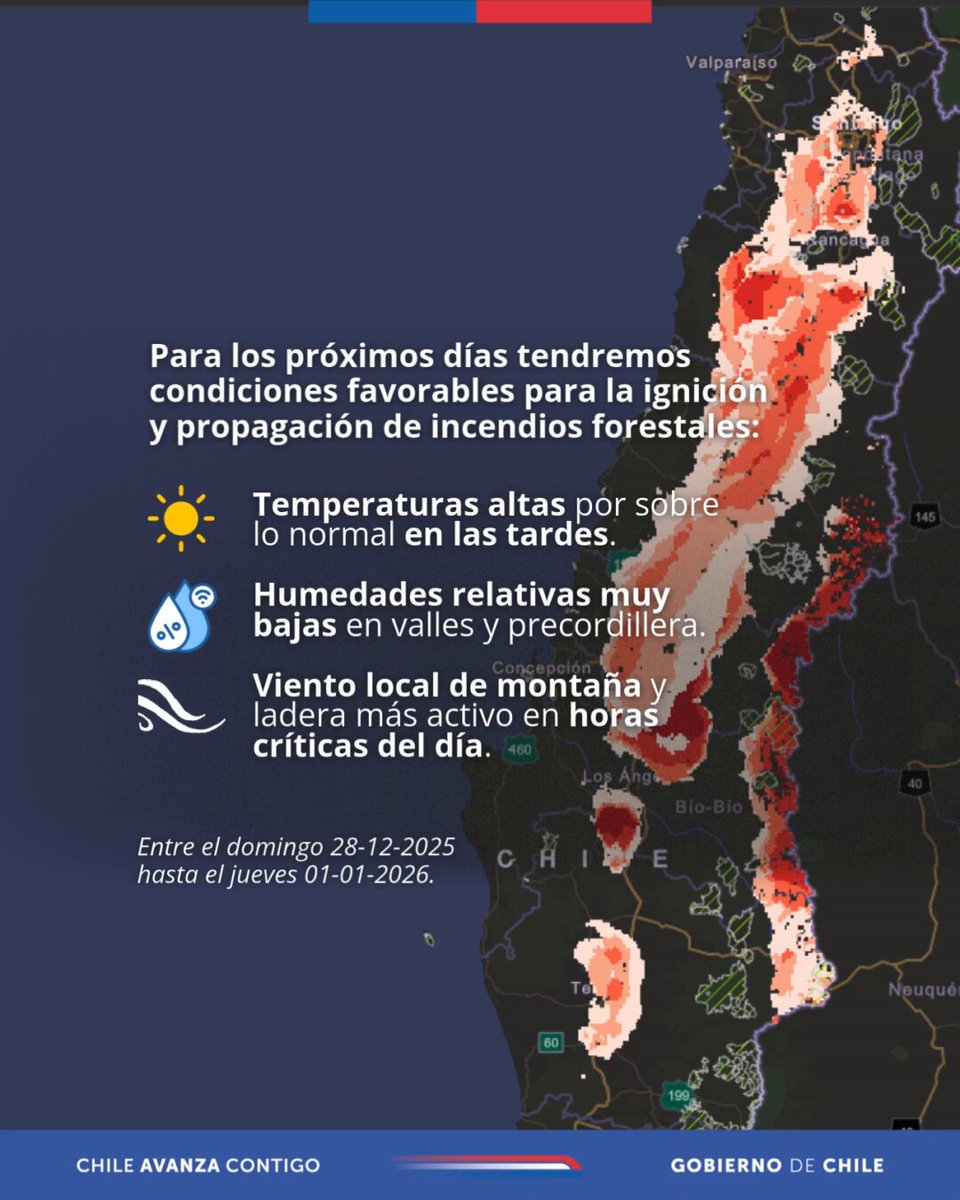 🎆 Celebremos el Fin de Año sin incendios forestales: Entre el 28 de diciembre y el 1 de enero tendremos una Alerta Preventiva de Botón Rojo. ▶️ ¿Cómo prevenir? ✔️ Evita cualquier uso de fuego en zonas rurales y de interfaz. ✔️ Reduce y elimina fuentes de calor. ✔️ Si ves humo o fuego, avisa de inmediato. La denuncia temprana marca la diferencia. 📞 Ante cualquier señal de incendio, llama al 130 de CONAF 🔴 Revisa el listado de las comunas con Botón Rojo para estos días aquí: