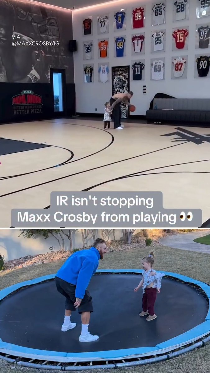 Maxx Crosby posted photos and videos of him on a trampoline and playing basketball after the Raiders placed him on IR, citing his need for offseason knee surgery ☕️ (via maxxcrosby/IG)