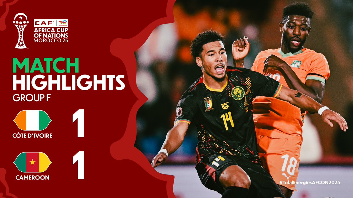 🎥 HIGHLIGHTS: 🇨🇮 1-1 🇨🇲 Shared points between Côte d'Ivoire and Cameroon in a #TotalEnergiesAFCON2025 thriller.
