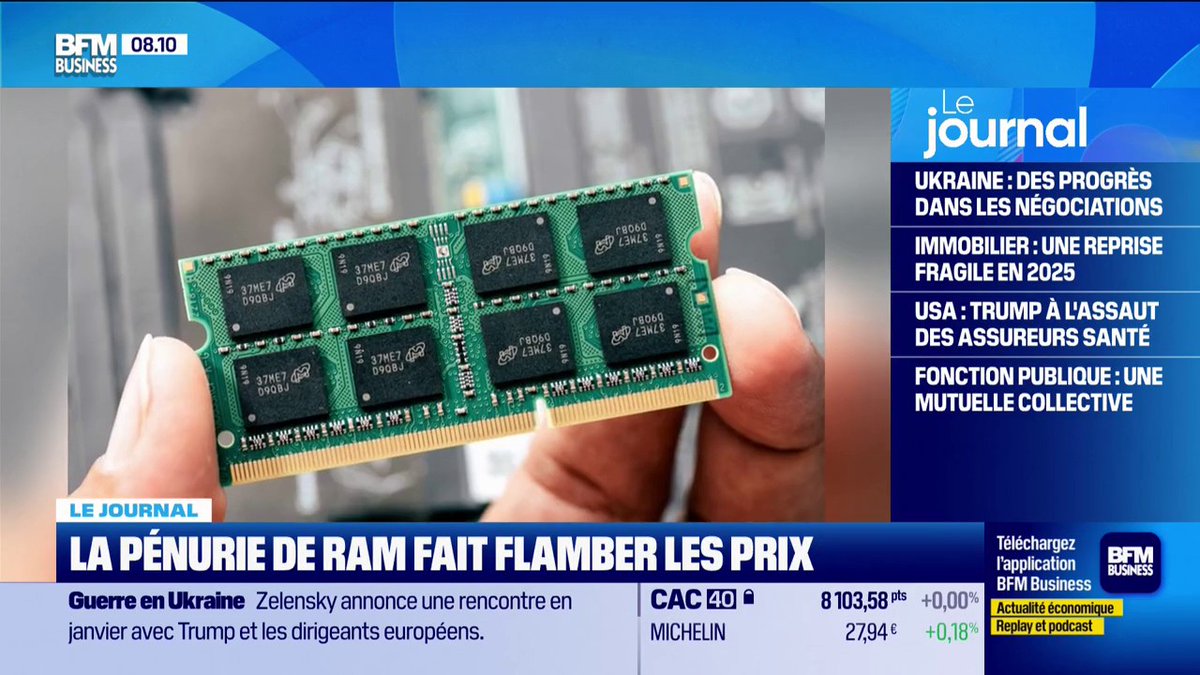 La pénurie de RAM fait flamber les prix 📱 Les PC, les smartphones, les consoles de jeux, tout ce qui utilise une mémoire vive, la RAM, pourraient voir leurs prix augmenter dès l’an prochain. 🎙️Léa Benaim