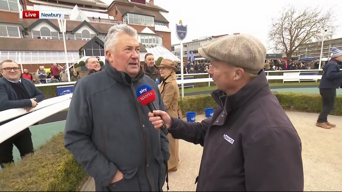 "You can imagine I loved that!" 😁 A beaming Paul Nicholls OBE celebrates victory with Minella Yoga over his former charge Act Of Innocence... Newbury Racecourse