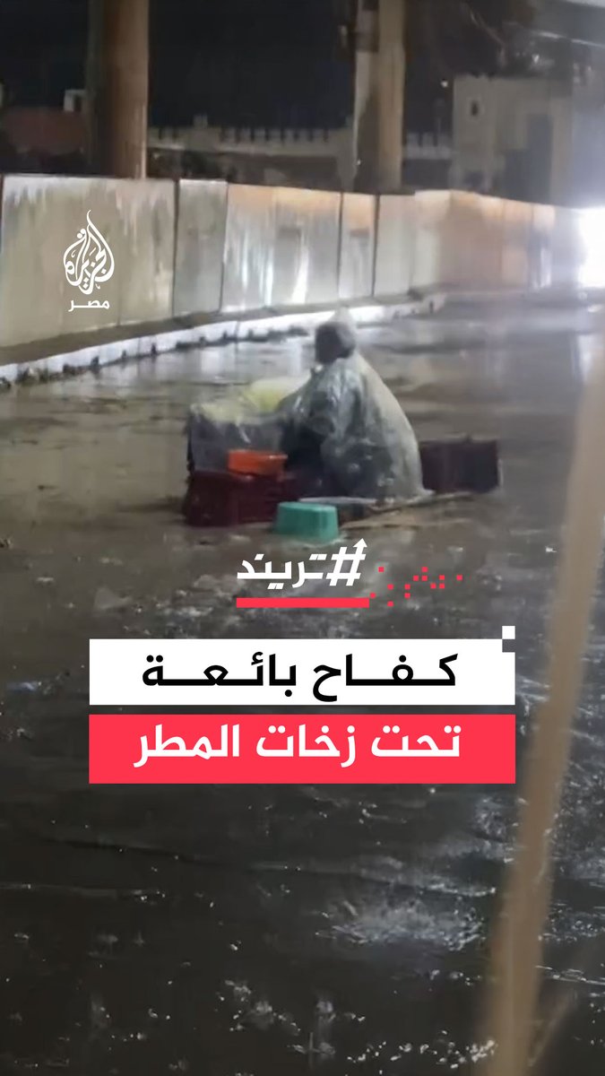 بائعة تصمد تحت الأمطار طلبًا للرزق، محاولة حماية نفسها وبضاعتها بكيس بلاستيك في #الإسكندرية