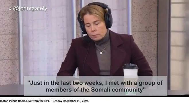 SOMALI PRIORITY Healey tells WGBH last week that she recently met with members of the Somali community as she scoffs at getting illegal alien criminals off our streets: "blah, blah, blah." #mapoli