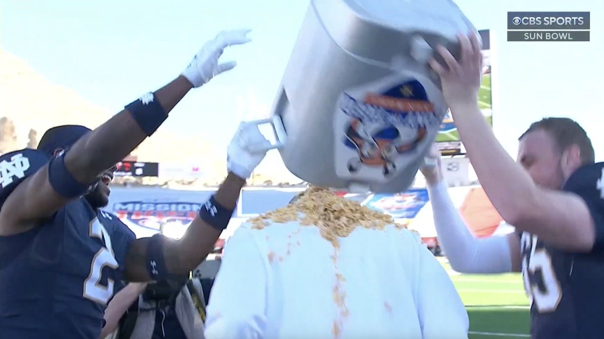 On this day in 2023 Notre Dame defeated Oregon State 40-8 in the Tony The Tiger Sun Bowl. The Irish celebrated by dumping a bucket of Frosted Flakes cereal on head coach Marcus Freeman!
