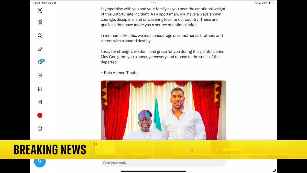 BREAKING: Nigerian President, Bola Ahmed Tinubu, sends a message of support to Anthony Joshua following a car crash that killed two people in Nigeria. Read more on this story here: 📺 Sky 501, Virgin 602, Freeview 233 and YouTube