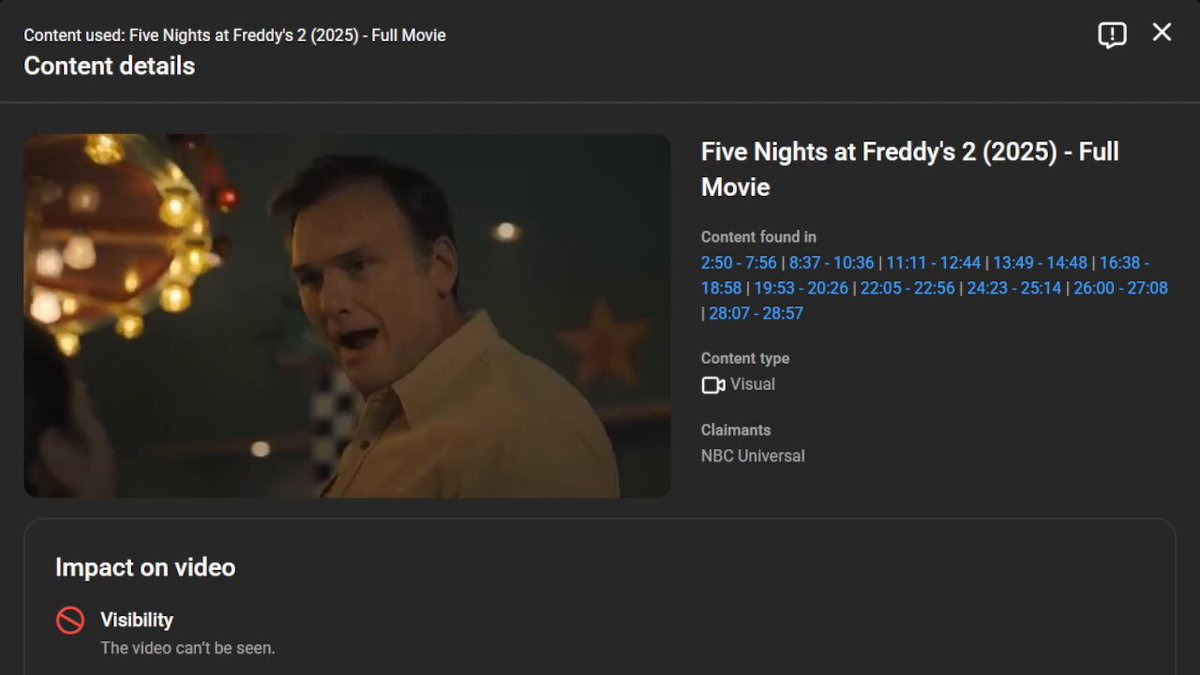 Great, it got blocked. It fucking pisses me off that several seconds of footage that isn't from the content it's claiming gets roped into it, as shown here. Dogshit copyright system. Gonna appeal it, hopefully whoever reviews it at Universal isn't a dick.