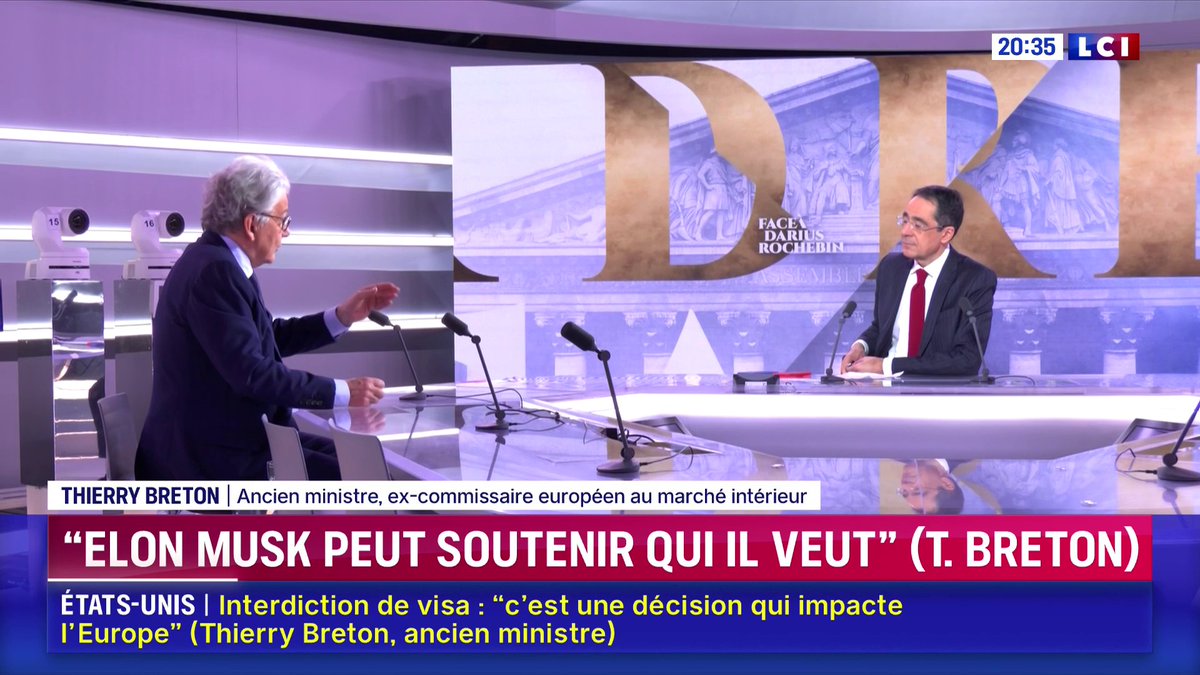 ▶️ DSA : "Je n'ai attaqué personne", insiste Thierry Breton précisant que "la parole est libre mais lorsque vous utilisez un réseau, elle doit tout simplement veiller à ce que l'amplification qui est faite sur le réseau respecte nos lois". 📺 Face à Darius Rochebin sur LCI