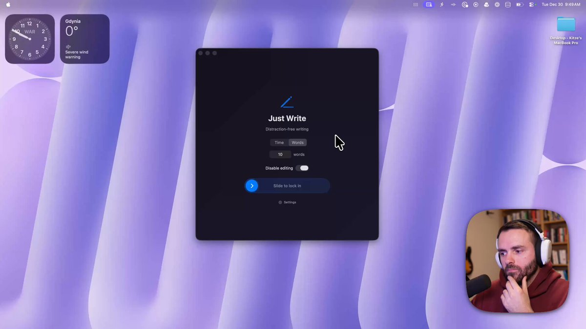 introducing - a macOS app for locking in on your writing 🔒 🎯 set a goal for X minutes or Y words 🔒 you'll be locked in until you hit your goal 🔊 turn on ambient sounds &amp; they will slowly die down if you stop writing check out a demo 👇
