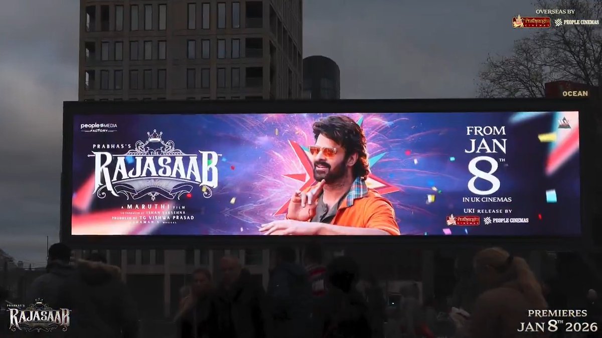 Weโre going BIG in London ๐ฌ๐งโจ Because our DARLING deserves nothing less ๐๐ฅ #TheRajaSaab takes over one of the biggest billboards at Meridian Square, Westfield London โค๏ธ ๐๏ธ Overseas by Prathyangira Cinemas People Cinemas, Premieres on JAN 8th ๐ฅ #Prabhas People Media Factory The RajaSaab