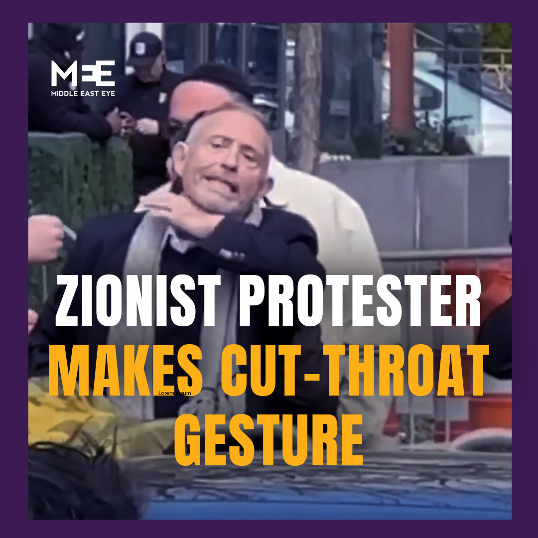 Footage has emerged showing an elderly Zionist protester in New York City holding an Israeli army flag and making a throat-cutting gesture while allegedly threatening pro-Palestinian demonstrators.