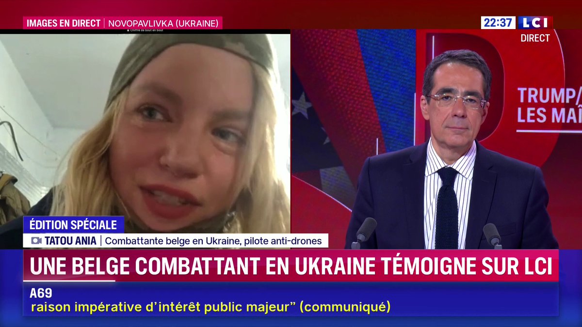 🗣️ "Je suis ici pour combattre pas seulement pour l'Ukraine mais aussi pour l'Europe", assure Tatou Ania, combattante belge en Ukraine, qui explique que la pression russe est "vraiment plus dure actuellement sur le terrain" et que "le front a changé". 📺 Darius Rochebin sur LCI