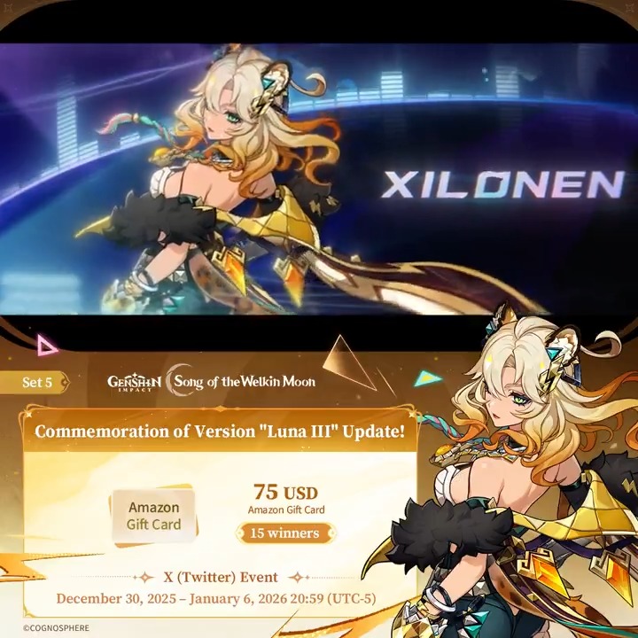 ✨Set 5✨ Commemoration of Version "Luna III" Update 🎁Participate in the event for a chance to win a $75 Amazon gift card. How to Participate: ① Follow Genshin Impact ② Repost this post You can instantly check the event results: #GenshinImpact